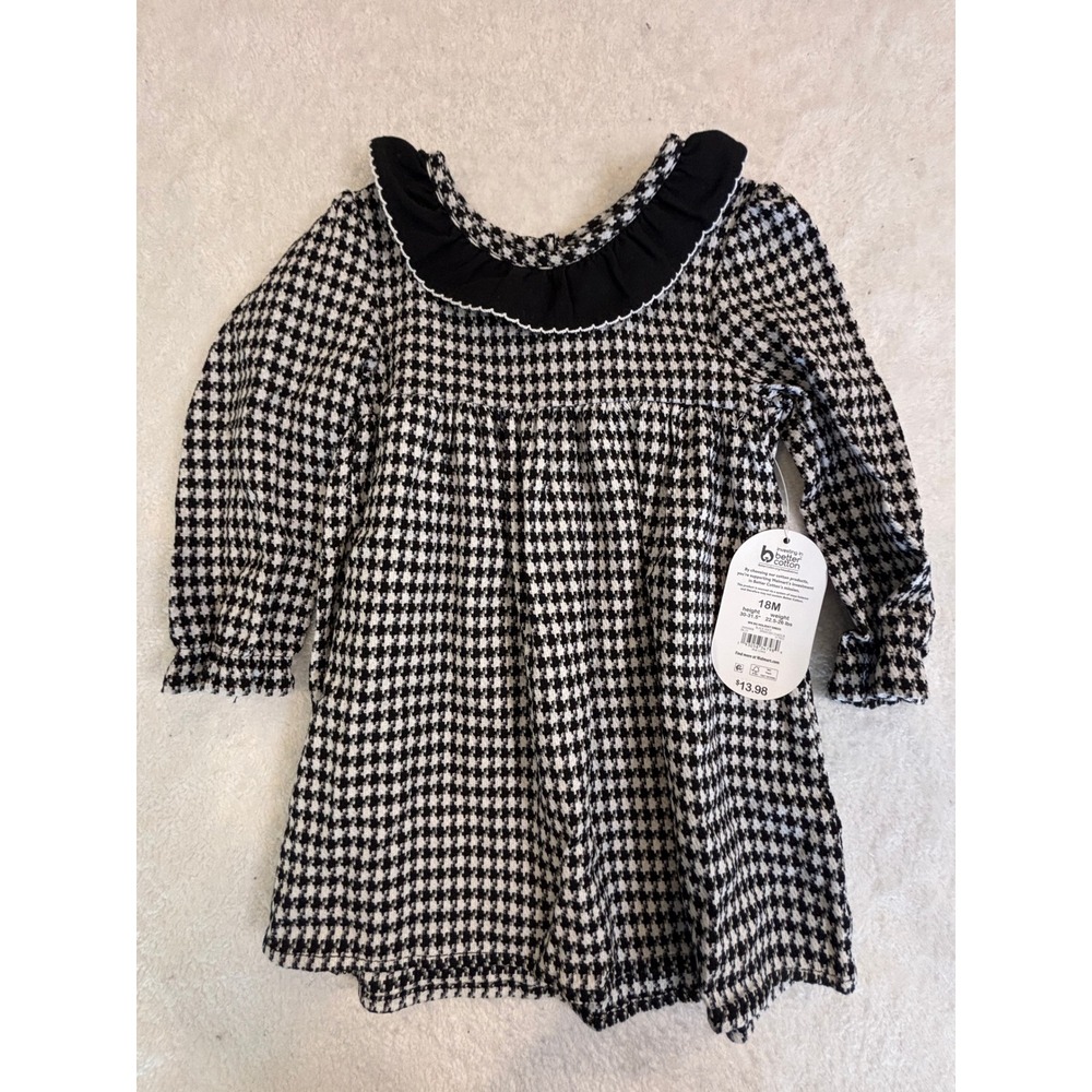 Wonder Nation Baby Girls Houndstooth Dress Ruffle Collar Black White 18Mโ NWT